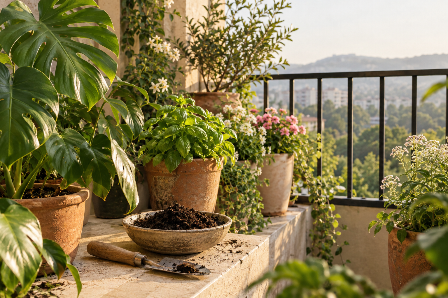 A sunlit balcony with terracotta planters and a bowl of rich compost